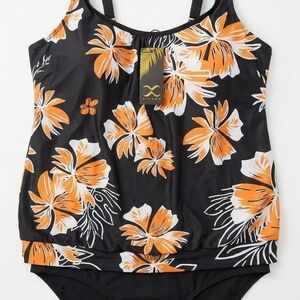 Tropical Floral Adult Swim Two Piece - Black and Orange